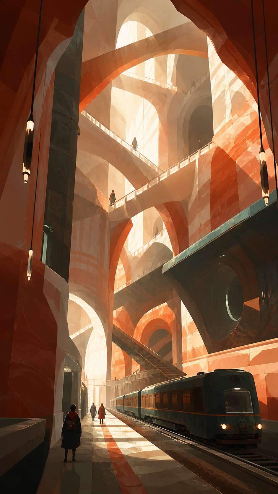 An underground railway cathedral carved from luminous salt, with a few tiny figures quietly exploring its impossible geometry. Dramatic vertical composition emphasizing scale and impossible geometry. Vermillion, charcoal