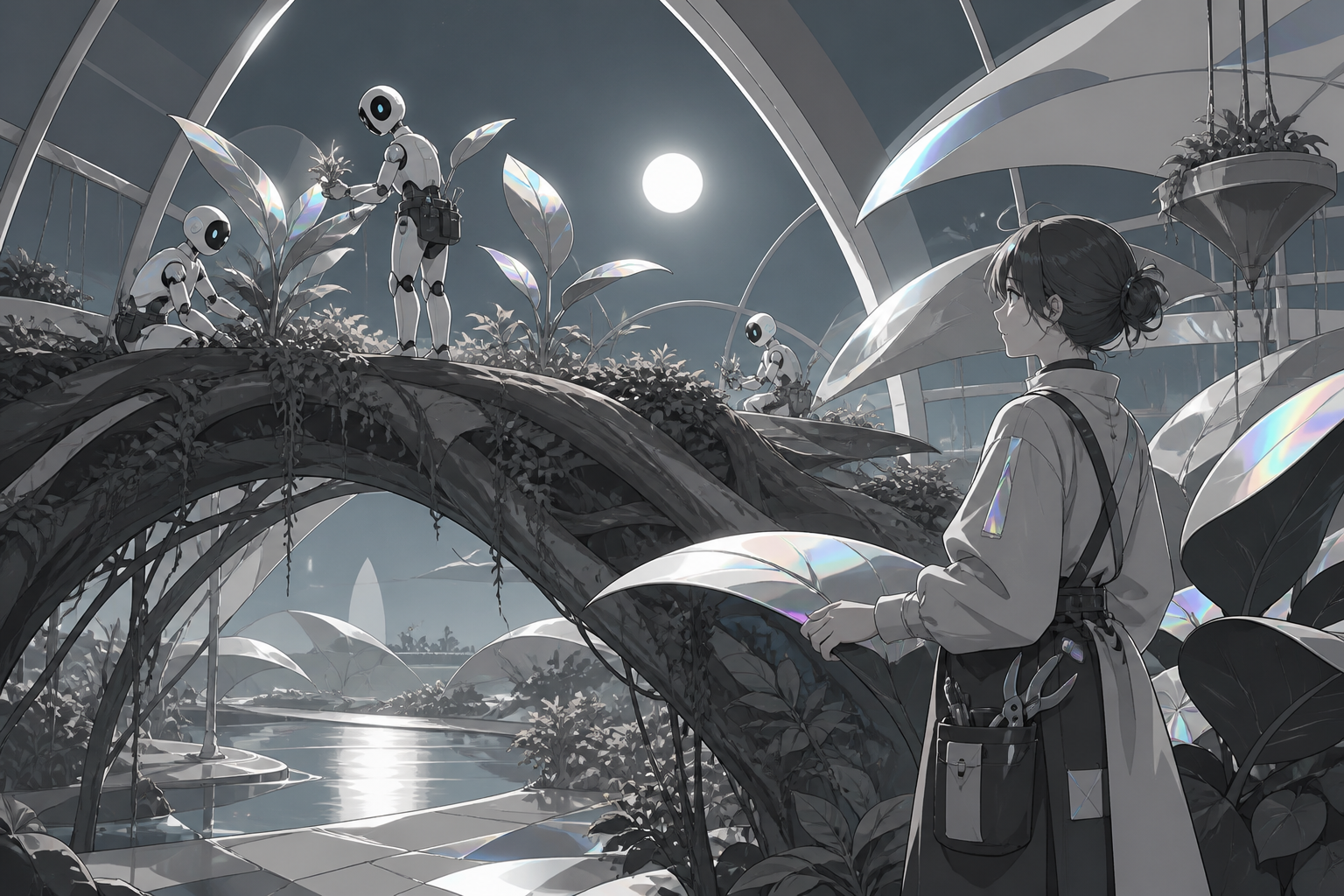 A city bridge grown from living roots and maintained by gardener robots, at a peaceful moment of cooperation between technology and living systems. Architectural greenhouse vista structured by repeating organic forms. Mo