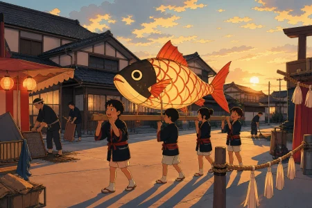 Children carrying a handmade fish lantern through a neighborhood procession, in the calm hour after the final visitors have gone. Quiet post-festival composition centered on worker