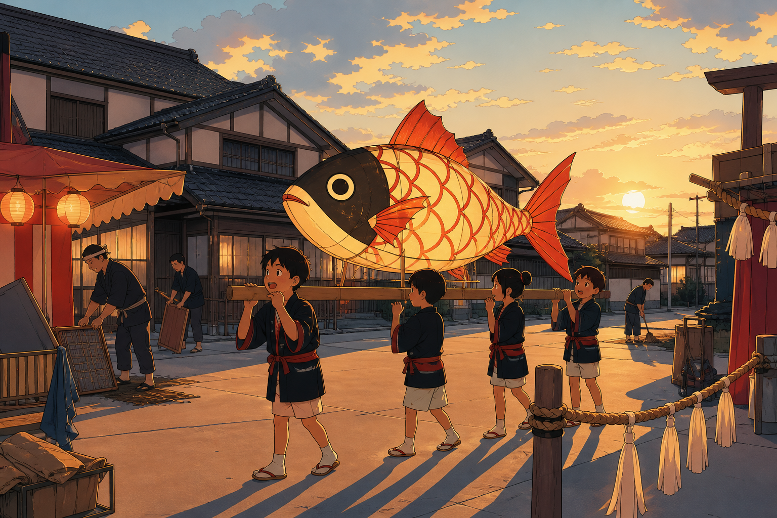 Children carrying a handmade fish lantern through a neighborhood procession, in the calm hour after the final visitors have gone. Quiet post-festival composition centered on workers and leftover light. Pine black, snow b