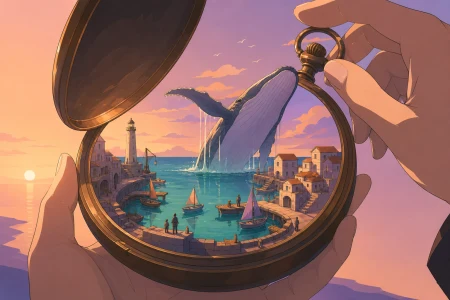 An ocean harbor contained within an open pocket watch, during a moment when the small world responds to movement outside. Cutaway-like angle revealing the impossible volume without