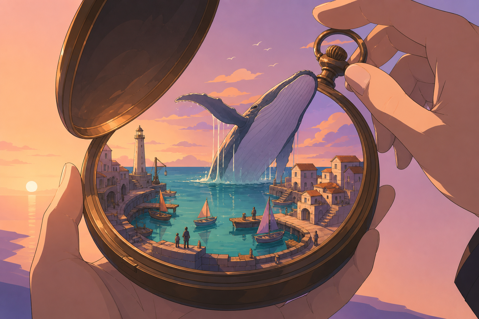 An ocean harbor contained within an open pocket watch, during a moment when the small world responds to movement outside. Cutaway-like angle revealing the impossible volume without technical labels. Apricot, orchid purpl