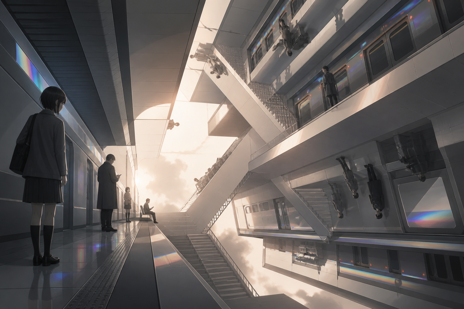 Commuters waiting on platforms arranged across opposing gravity fields, during ordinary activity that treats impossible geometry as normal. Character-height view where the horizon changes across the frame. Monochrome gra