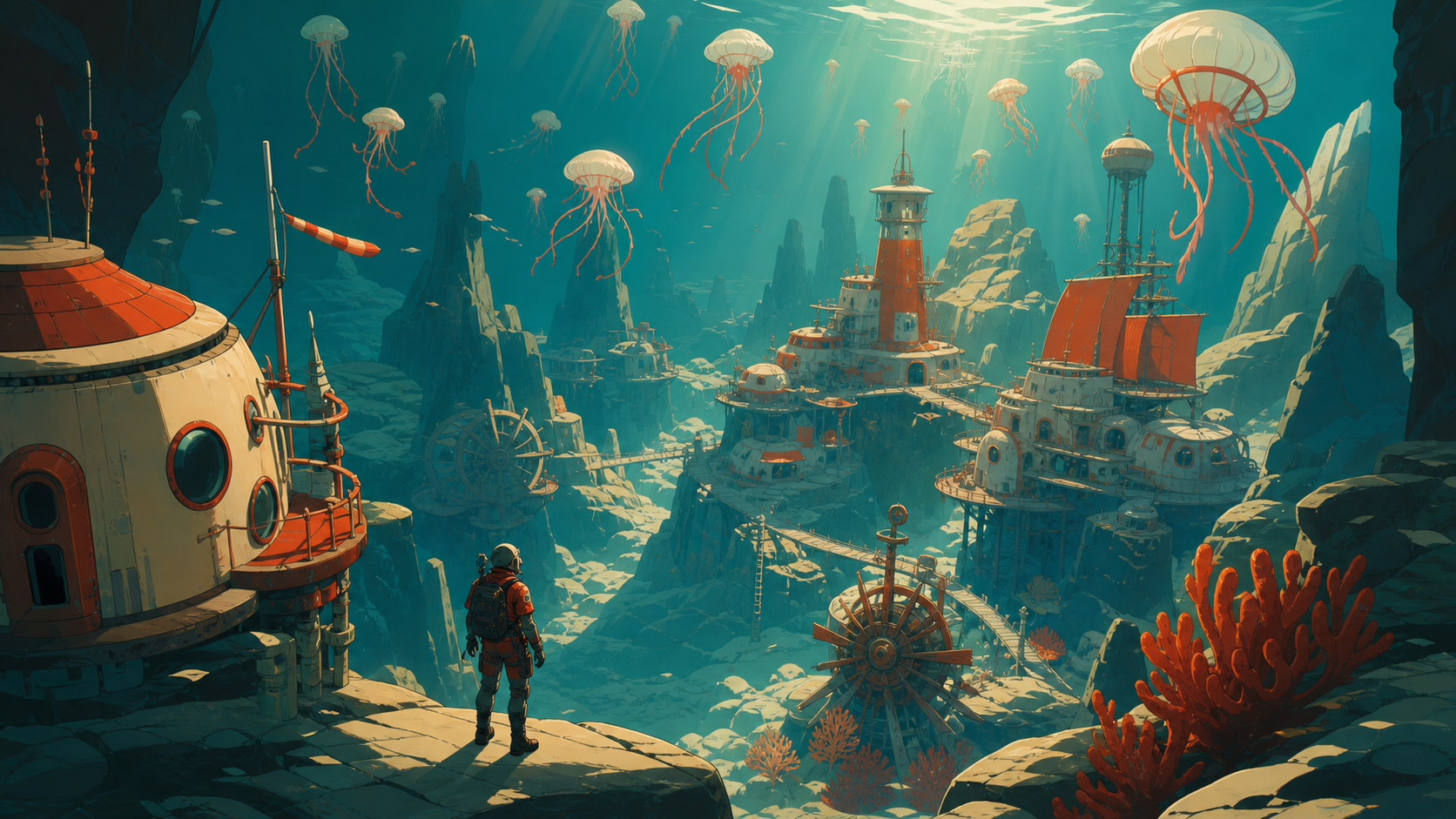 A research village suspended beneath a field of glowing jellyfish, during the brief hour when sunlight reaches the seafloor. Vertical descent composition with a tiny explorer providing scale. Vermillion, charcoal, warm i