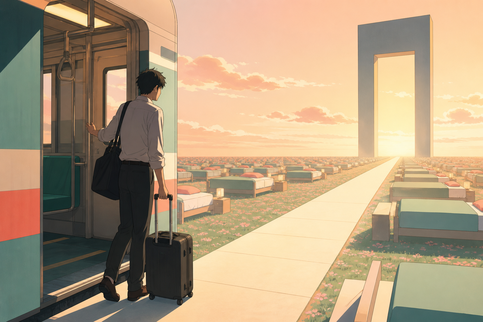 An exhausted worker stepping off a train into a calm field of beds, during an ordinary action whose symbolic meaning is immediately legible. Intimate character view connected to a larger surreal environment. Celadon, cor