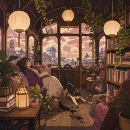 A greenhouse reading room built into an old city tram, during a quiet afternoon nap interrupted by one small mishap. Cozy eye-level view with foreground objects framing the scene. 