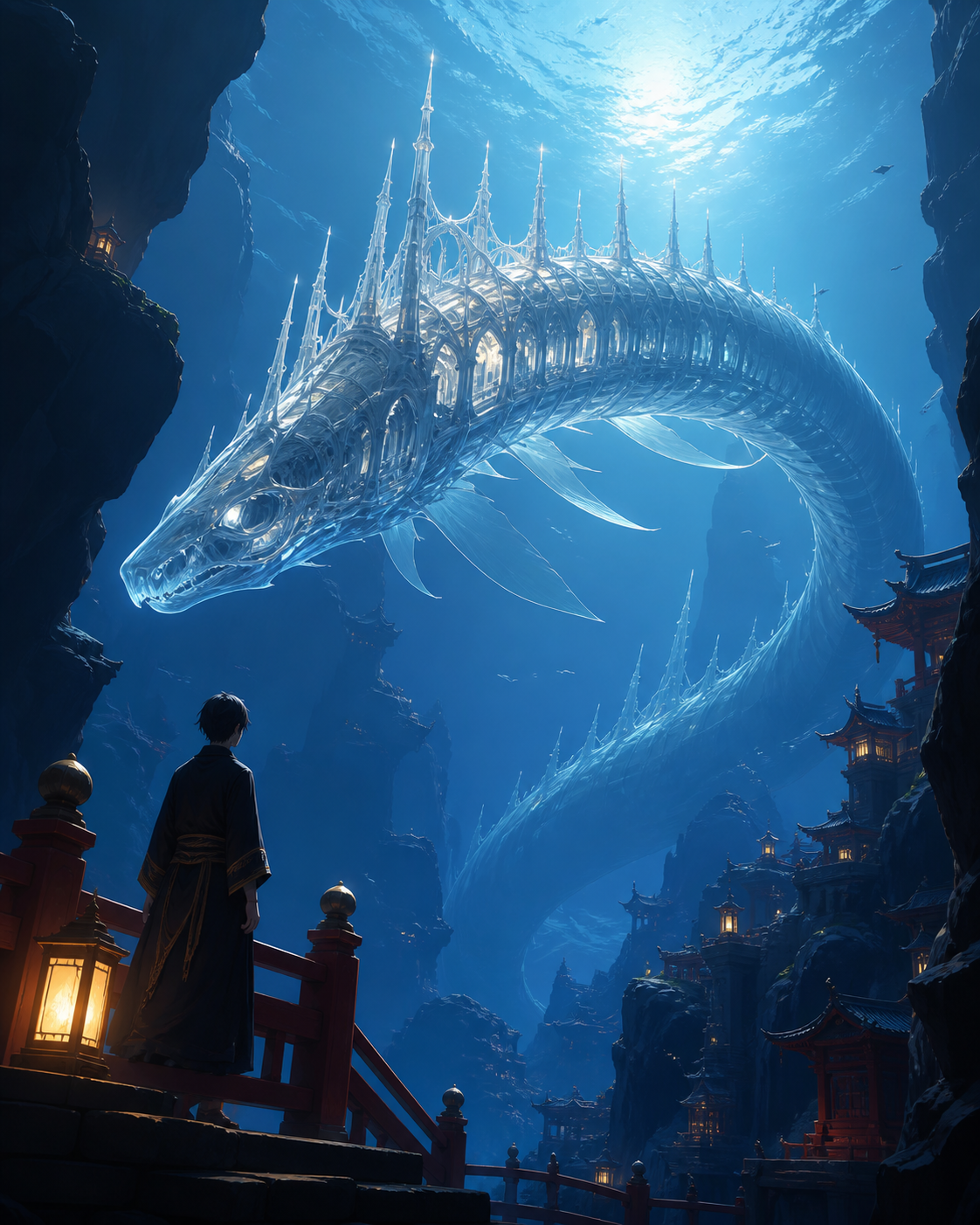 A translucent deep-sea serpent whose bones resemble a cathedral, crossing its natural habitat during a rare seasonal migration. Low-angle encounter framed by terrain and atmospheric depth. Pine black, snow blue, cedar re