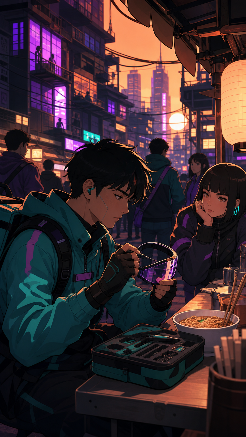 A bike courier repairing an augmented visor beside a noodle stall, during a crowded evening where one quiet interaction becomes the focus. Street-level cinematic frame with deep layers of neighborhood activity. Apricot, 