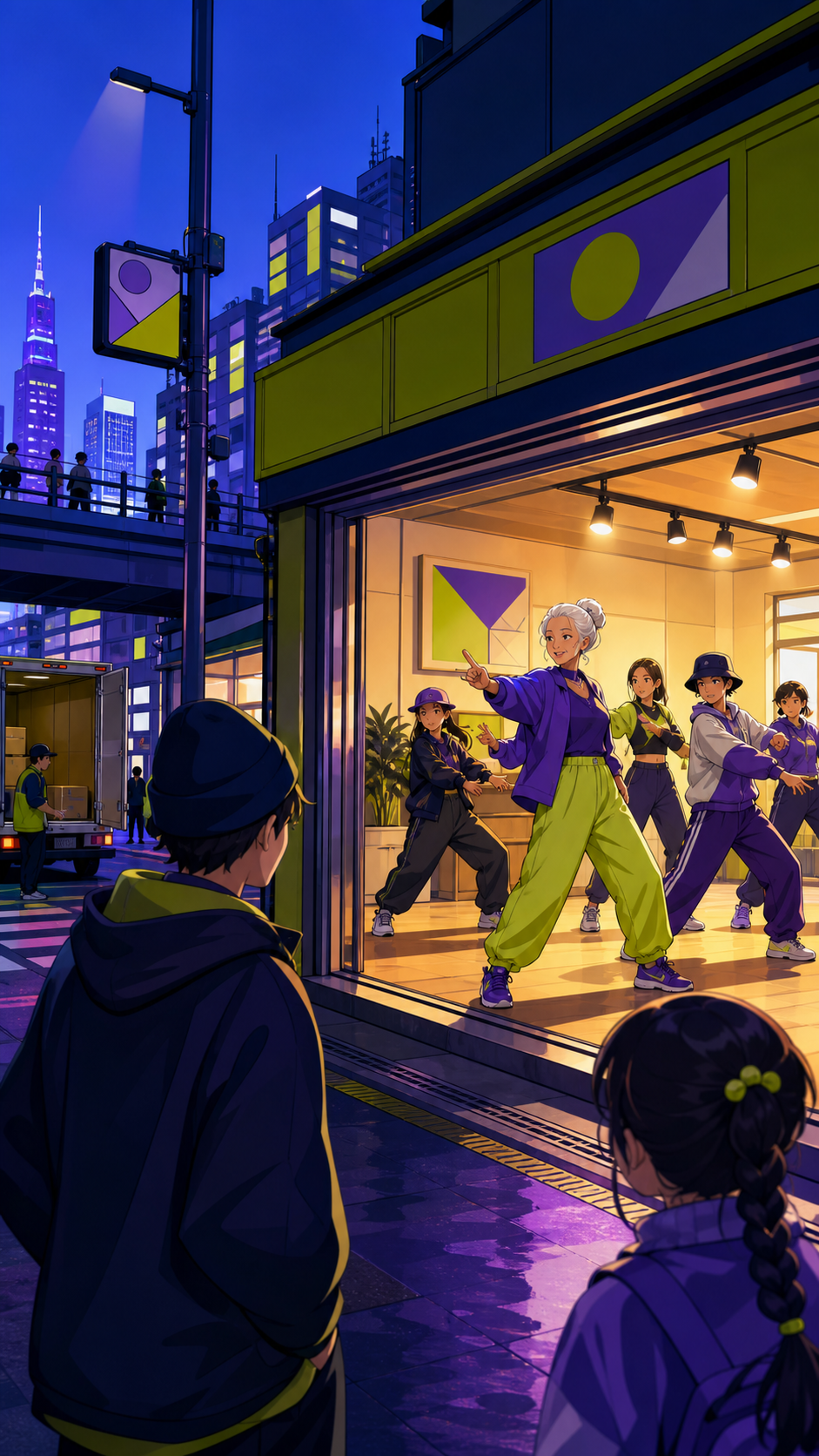 A stylish grandmother leading a neighborhood dance practice, during the blue hour between the final commuters and the morning deliveries. Street-level view with foreground pedestrians and a clear destination beyond. Acid