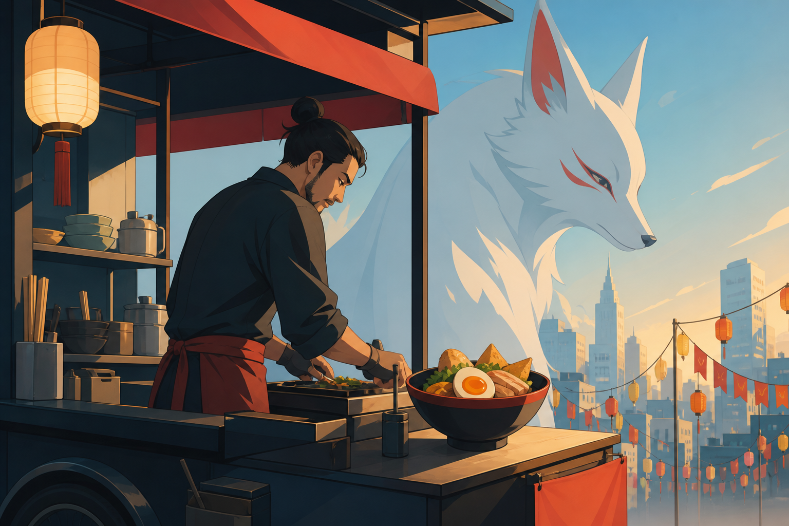 An adult street cook opening a breakfast cart before a citywide festival, in a compact kitchen where every movement has a practical purpose. Counter-side view with the cook and one memorable dish as dual focal points. Pi