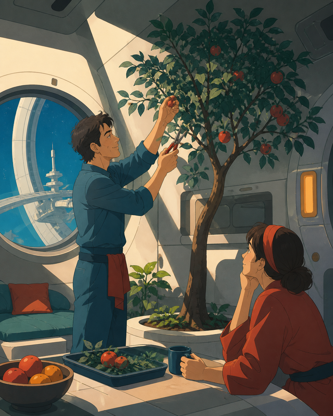 An adult gardener pruning the single fruit tree in a rotating habitat, while distant space remains a quiet backdrop rather than the main event. Intimate table-level composition anchored by a shared everyday task. Petrol 