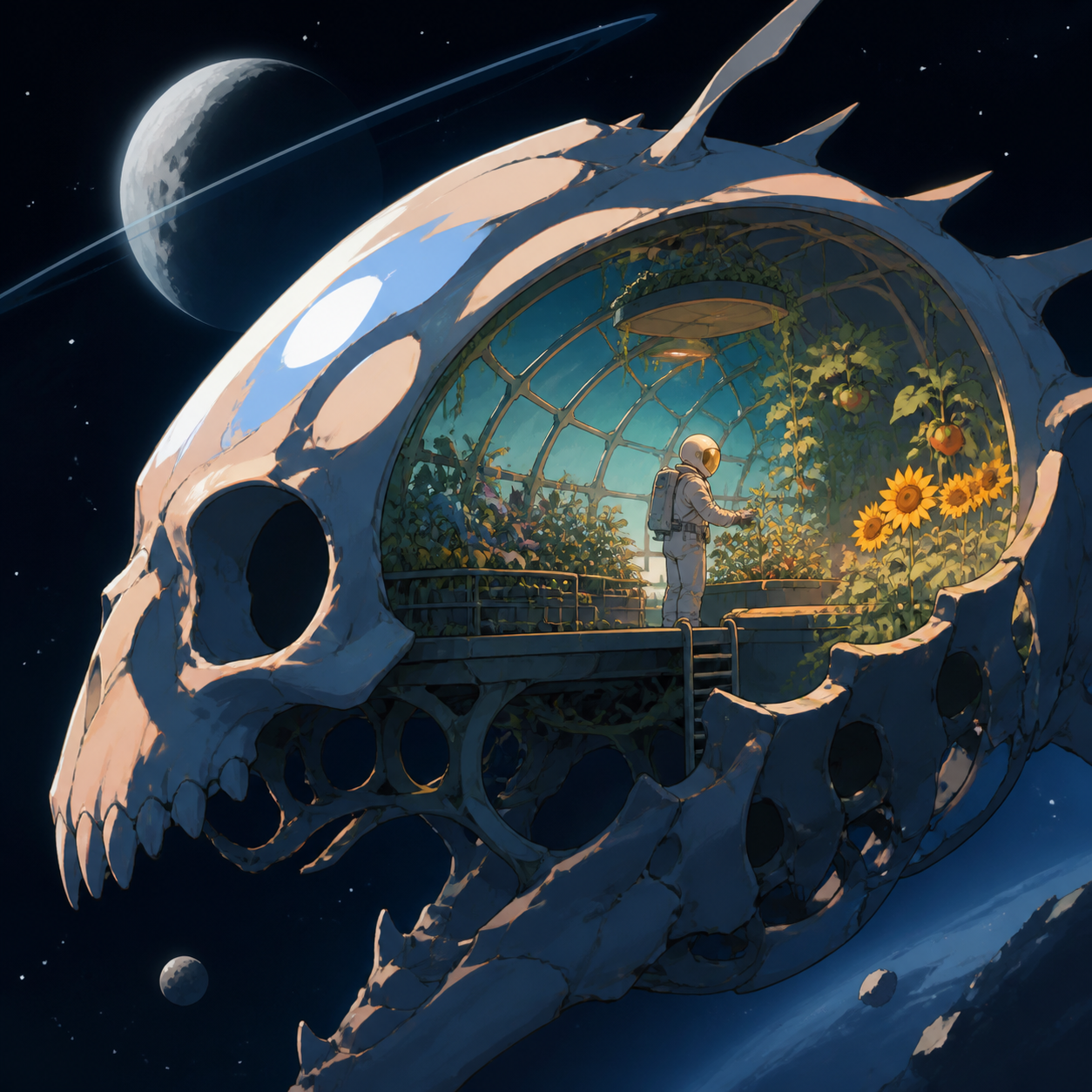 An astronaut tending a greenhouse inside the skeleton of a moon-sized creature, captured as a poetic visual moment rather than scientific documentation. Expansive widescreen composition with strong negative space. Clay r