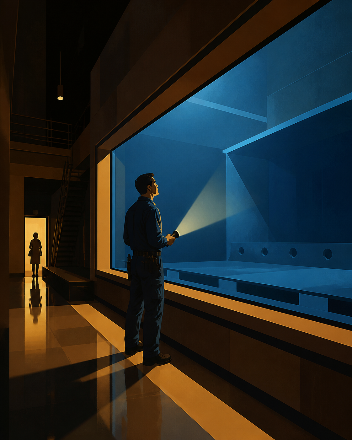 An adult aquarium technician checking one enormous empty tank after midnight, as a brief visitor interrupts a familiar routine. Long corridor or lobby view using light to guide attention toward the task. Amber, walnut br