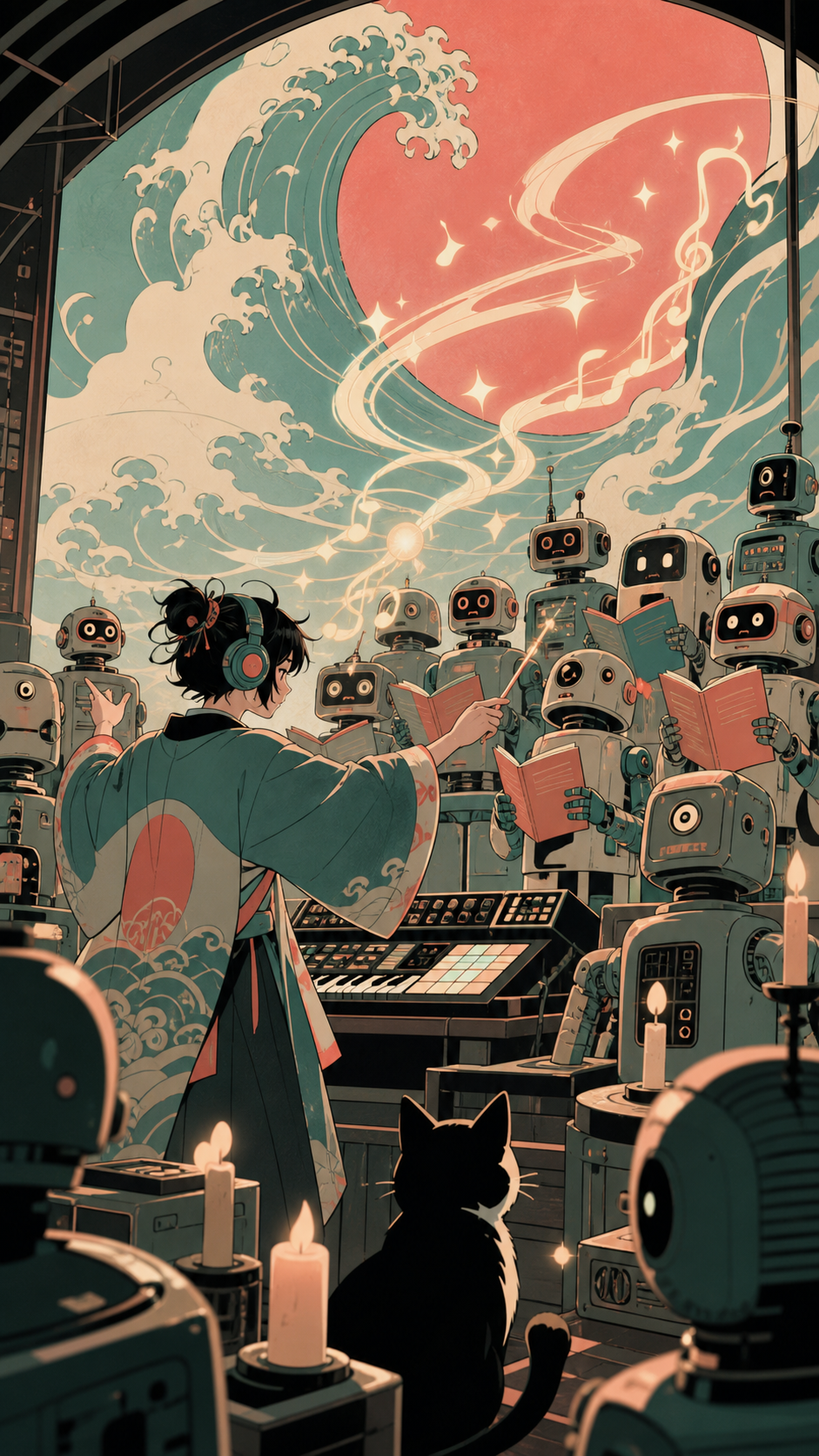 An electronic musician conducting a choir of obsolete household robots, during a rehearsal that unexpectedly becomes magical. Intimate low-angle concert view with dramatic foreground silhouettes. Celadon, coral pink, ink