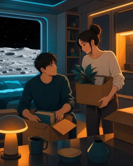 An adult couple moving household belongings into a tiny apartment on the moon, while distant space remains a quiet backdrop rather than the main event. Intimate table-level composi
