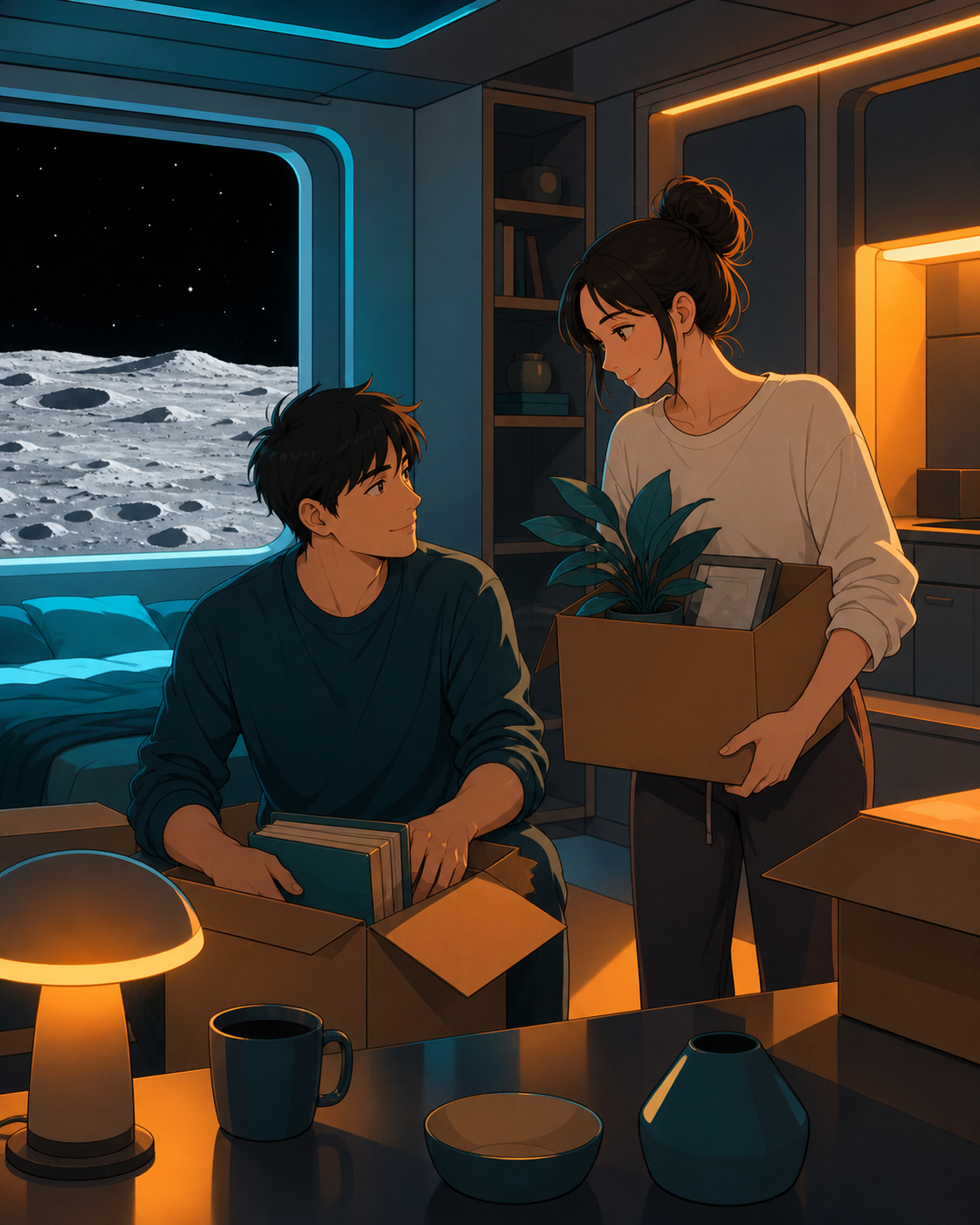 An adult couple moving household belongings into a tiny apartment on the moon, while distant space remains a quiet backdrop rather than the main event. Intimate table-level composition anchored by a shared everyday task.