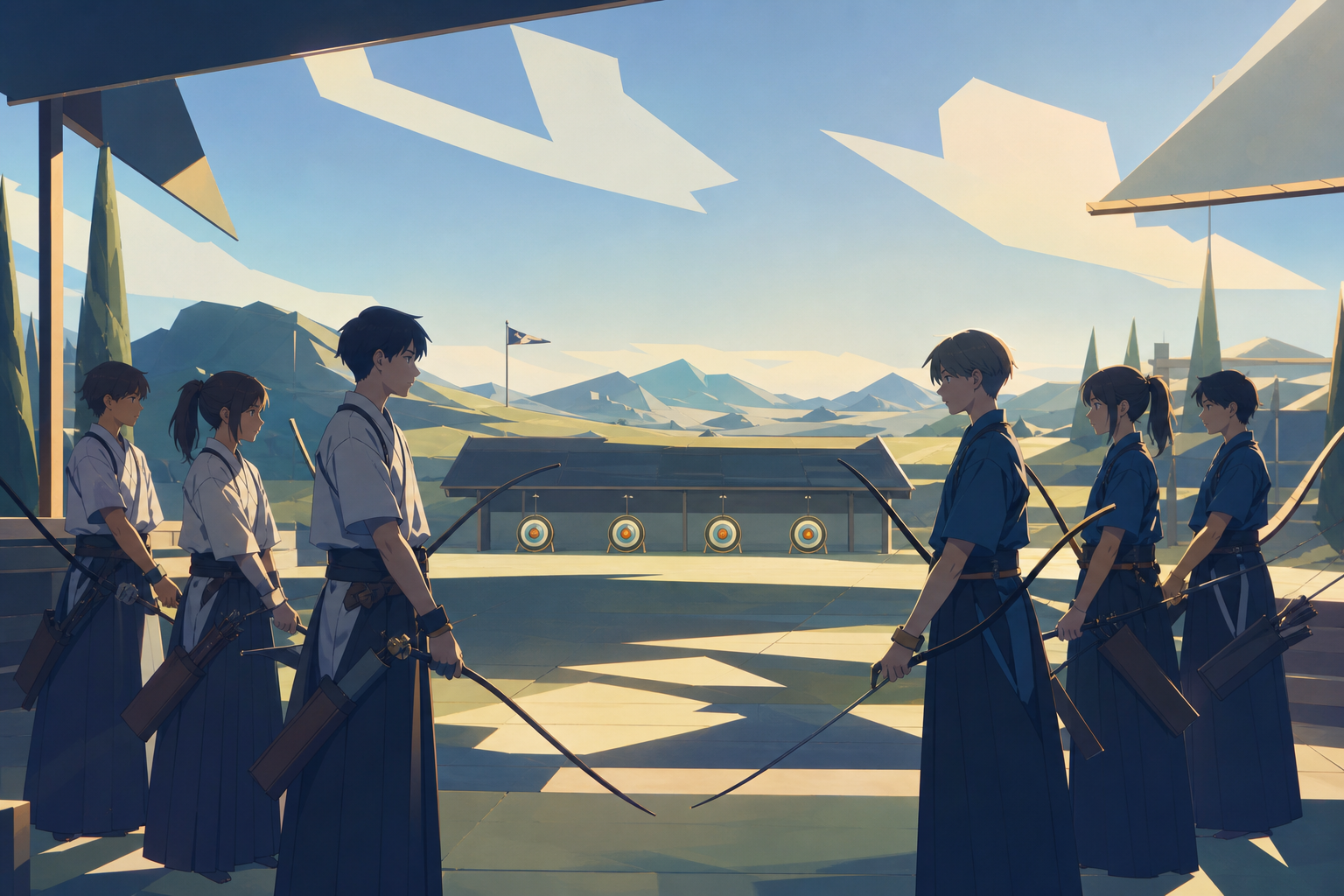 Young archers competing at a bright countryside range, after an unexpected result brings both sides together. Side-on sports frame preserving accurate body mechanics. Moonlit indigo, oxidized copper, pale jade, and candl