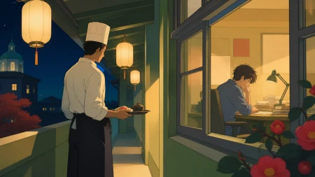 An adult chef leaving a quiet midnight meal for someone working late, captured through a small gesture rather than an exaggerated embrace. Cinematic two-person frame using architec