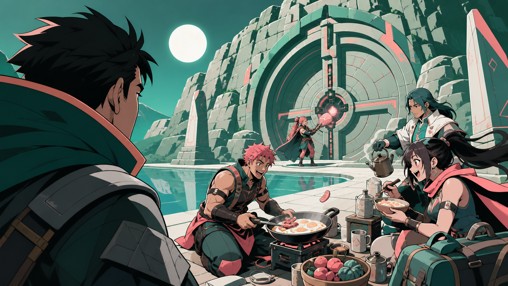An adult adventuring party cooking breakfast outside a sealed ancient vault, solving an environmental obstacle through teamwork rather than combat. Over-the-shoulder discovery frame revealing a large navigable space. Cel