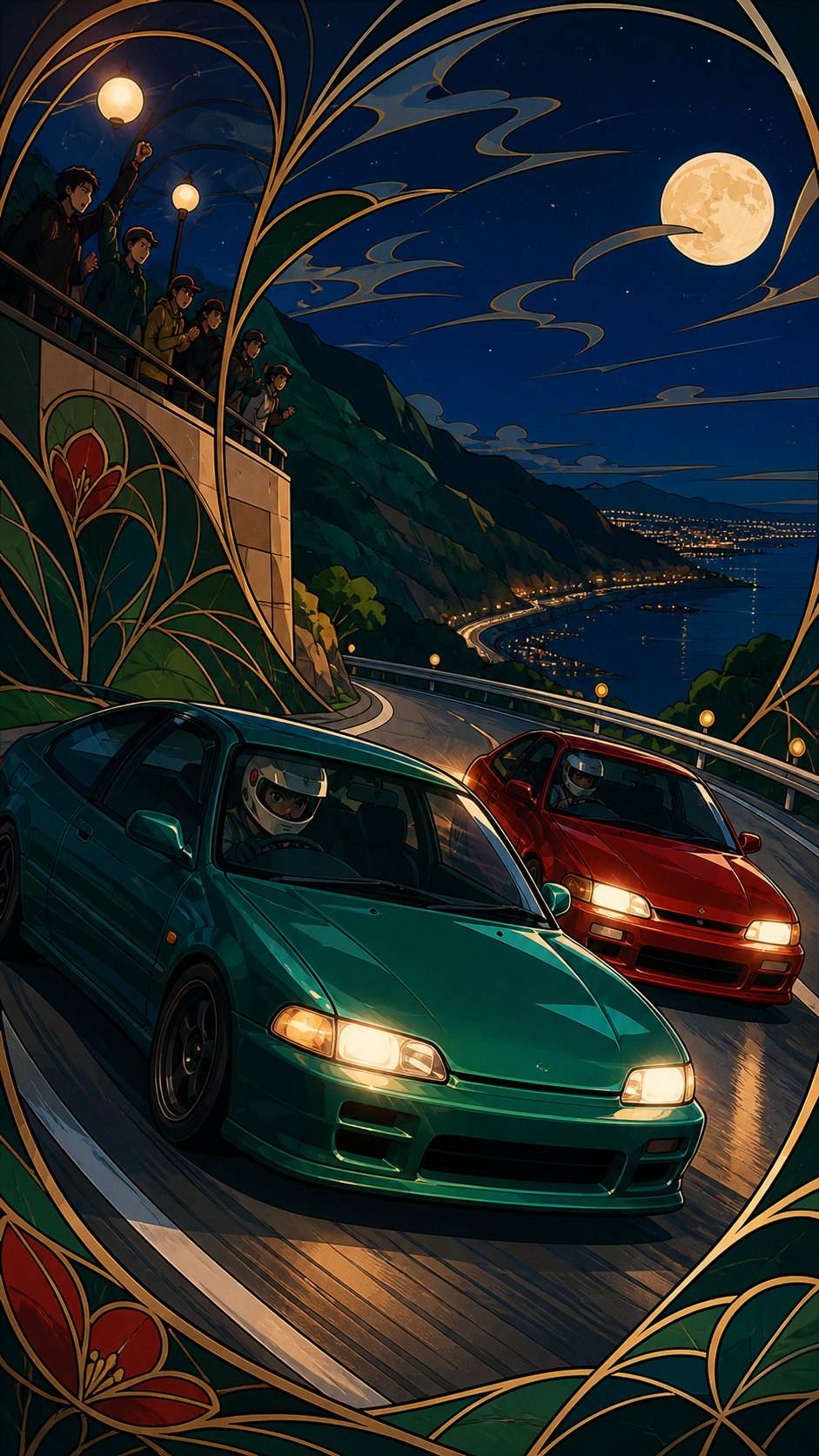 Two compact tuner cars contesting a precise downhill mountain corner, during a legal night event with spectators safely behind barriers. Starting-grid composition centered on driver emotion and machine shape. Emerald, st