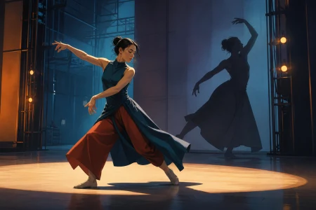 An adult contemporary dancer rehearsing with a shadow that learns the choreography late, during rehearsal with visible stagecraft adding to the charm. Close audience-level frame wi