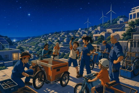 Bike mechanics maintaining a neighborhood cargo-cycle library, at the completion of a small project that visibly improves daily life. Elevated neighborhood view showing connected s