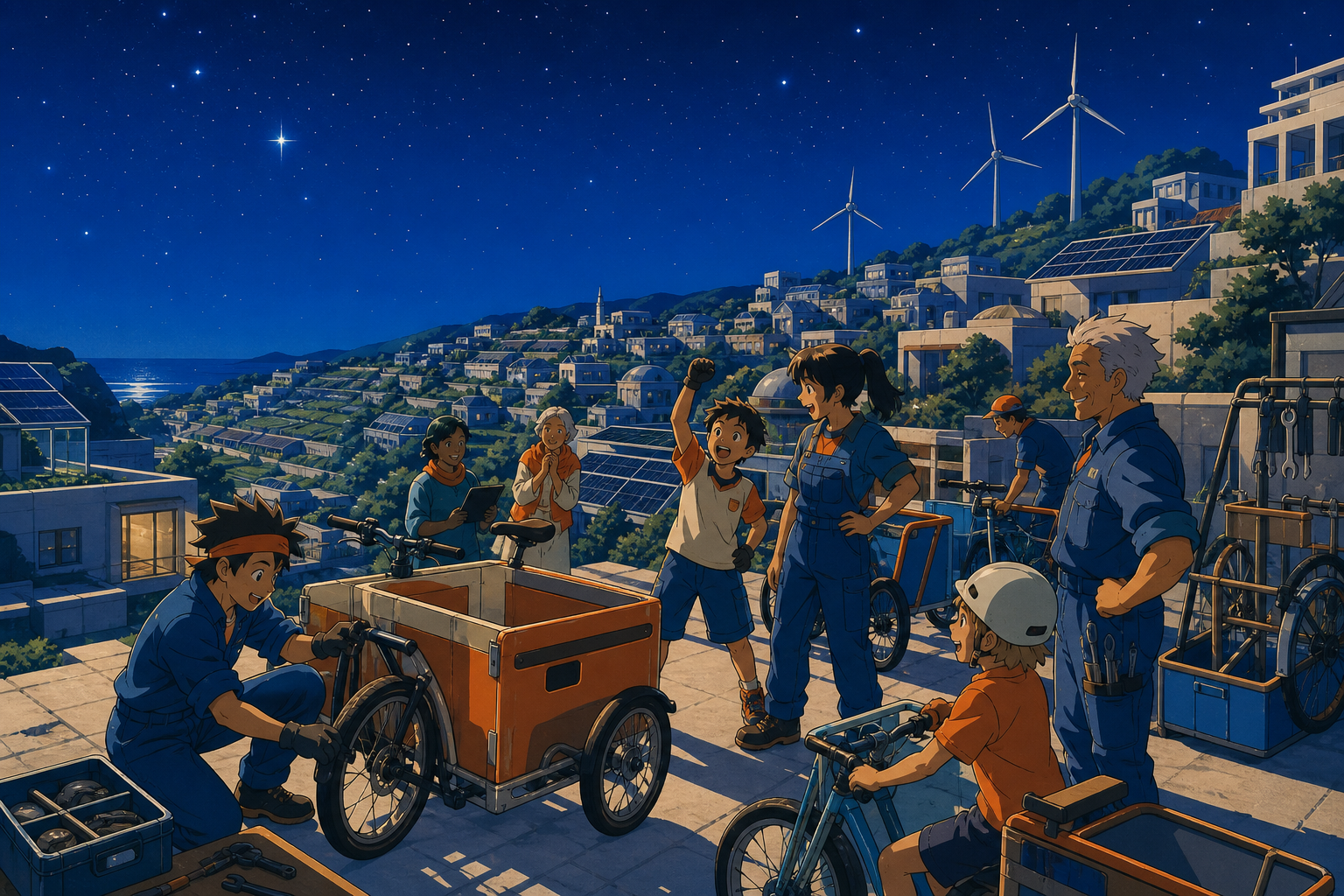 Bike mechanics maintaining a neighborhood cargo-cycle library, at the completion of a small project that visibly improves daily life. Elevated neighborhood view showing connected sustainable systems. Cobalt, persimmon or