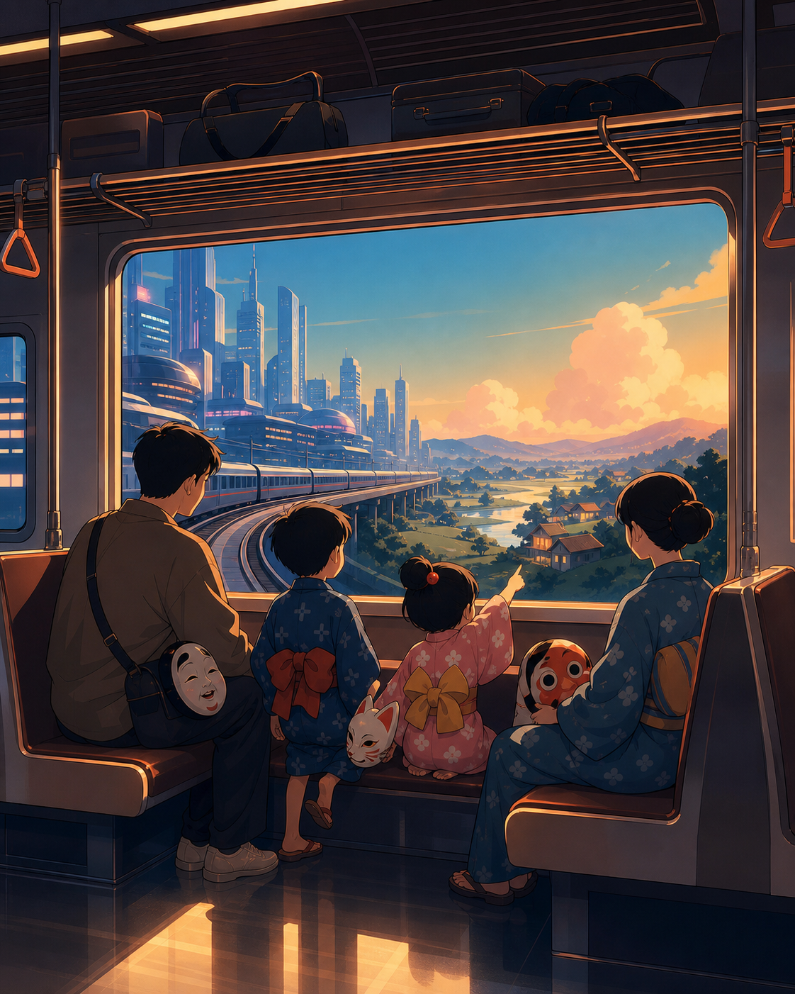 A family carrying festival masks onto the final train home, as the route crosses from a modern city into an enchanted countryside. View across the carriage toward a large landscape-filled window. Amber, walnut brown, rai