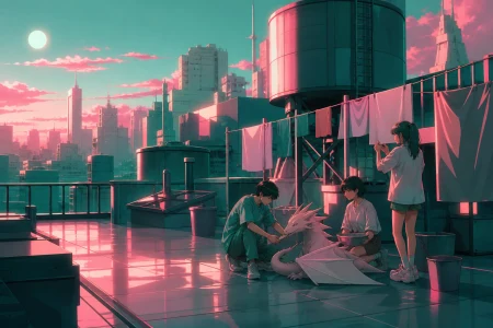 Teen friends caring for a small dragon that nests beside water tanks, on a quiet weekend when residents use the shared roof together. Wide rooftop ensemble against a layered city h