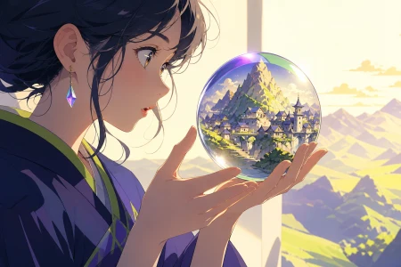 A busy mountain village existing inside a clear glass marble, as one person discovers the object's impossible interior. Split-scale composition balancing a human figure and inner c