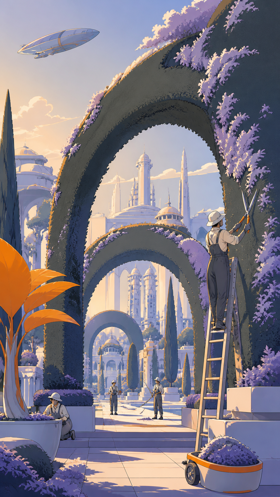A palace garden where trees are trained into walkable arches, as gardeners carry out precise everyday maintenance. Wide designed-landscape view with a clear path through several garden rooms. Pale lavender, icy blue, gra