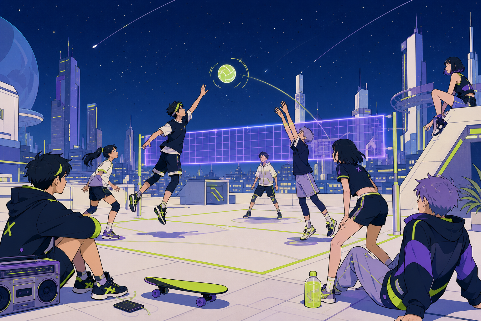 Teenagers playing rooftop augmented-reality volleyball, on a free evening when the city feels playful rather than threatening. Wide social scene balancing the activity with the futuristic skyline. Acid lime, ultraviolet,