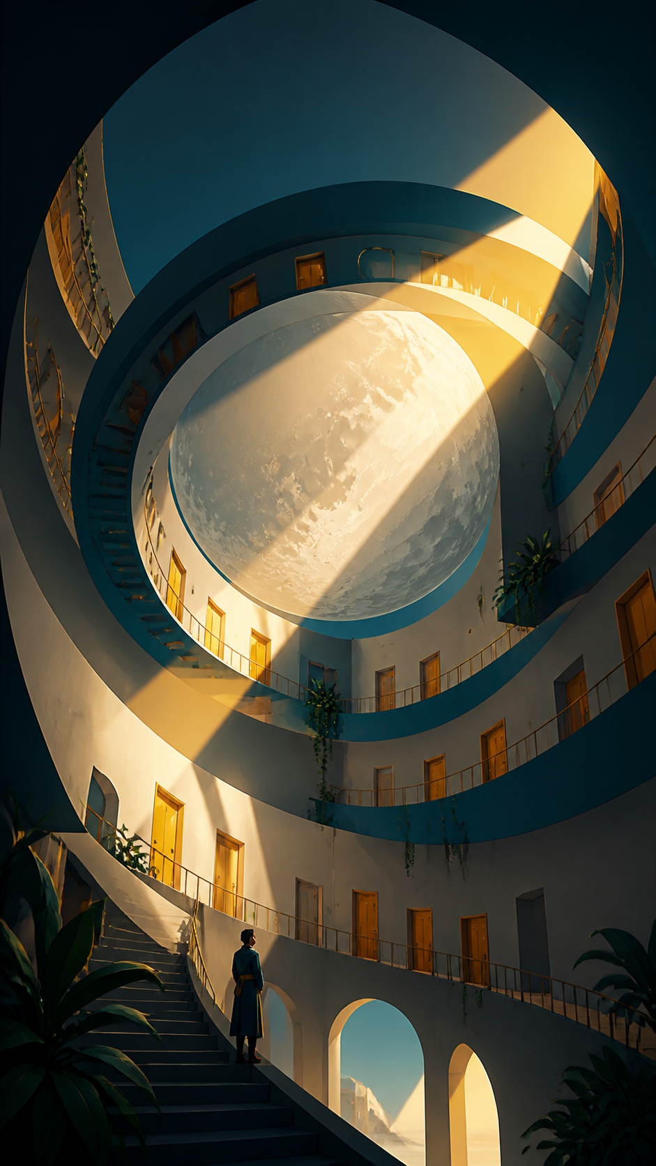 An impossible hotel whose hallways curve around a captive moon, as sunlight passes through it in physically impossible directions. Dramatic vertical composition emphasizing scale and impossible geometry. Saffron, peacock