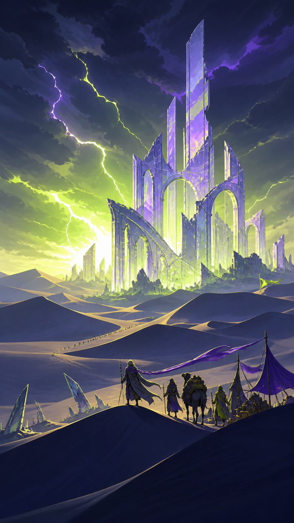 A glass ruin emerging from dunes after a rare electric storm, with tiny travelers and camp details emphasizing the monumental landscape. Extreme wide landscape with a small but readable journey crossing it. Acid lime, ul