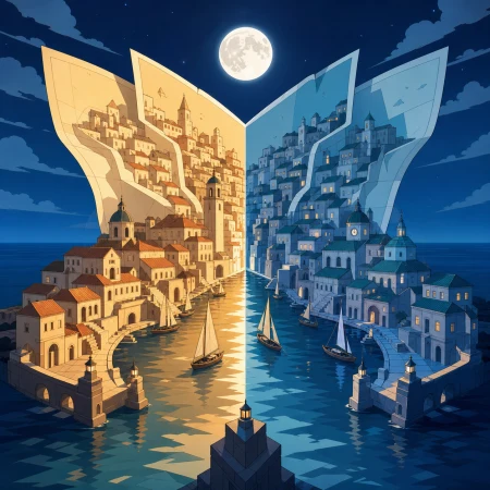 A seaside town folded upward like a paper map around its harbor, with one simple impossible rule controlling the entire image. Symmetrical frame contrasting two realities through a