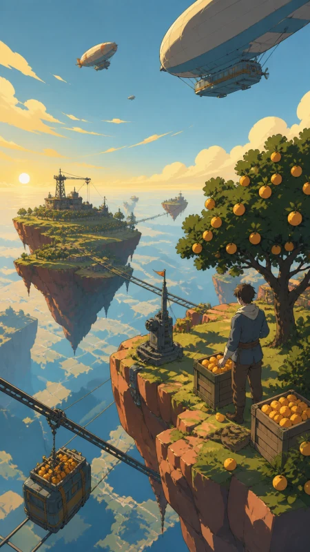 Orchards cultivated on a chain of drifting islands, during clear morning weather that reveals the depth below. Vertigo-inducing vertical composition balanced by a calm foreground a