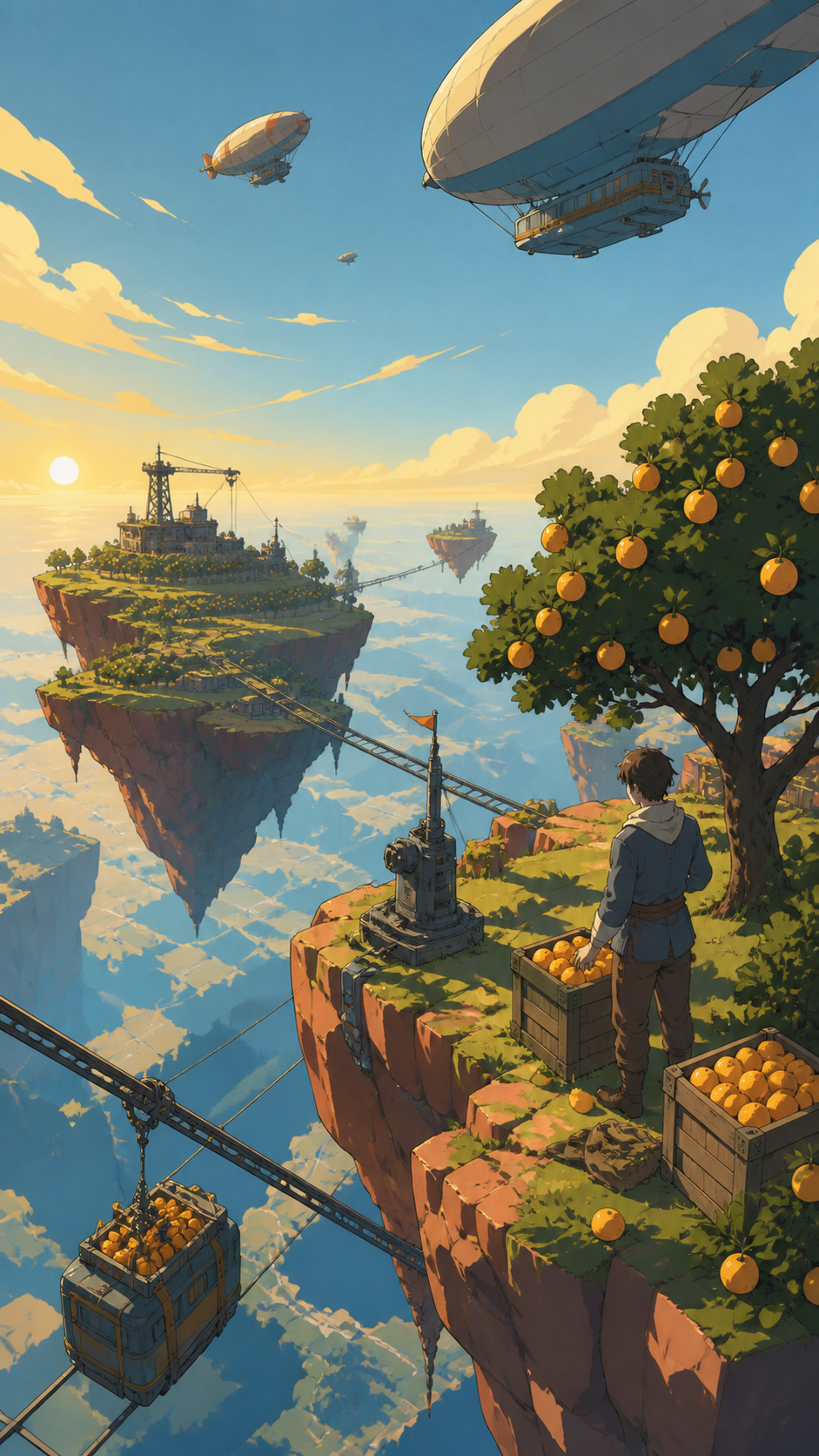 Orchards cultivated on a chain of drifting islands, during clear morning weather that reveals the depth below. Vertigo-inducing vertical composition balanced by a calm foreground activity. Clay red, sage, faded denim, an
