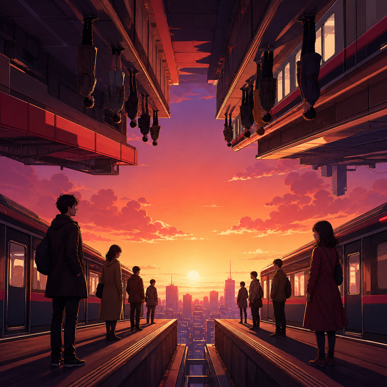 Commuters waiting on platforms arranged across opposing gravity fields, with the spatial paradox presented cleanly and immediately readable. Character-height view where the horizon changes across the frame. Crimson, blac
