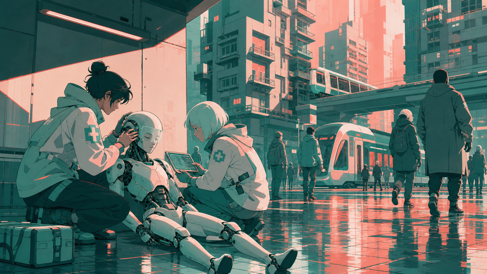 Street medics helping a service android recover its lost memories, after rain creates broad colored reflections across the pavement. Wide intersection view balancing crowds, transit, and vertical architecture. Sea-glass 