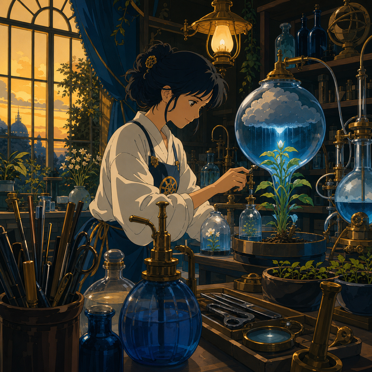 A botanical laboratory where bottled weather feeds rare seedlings, after hours when unfinished creations quietly become active. Close observational composition layered with tools in foreground and active work behind. Saf