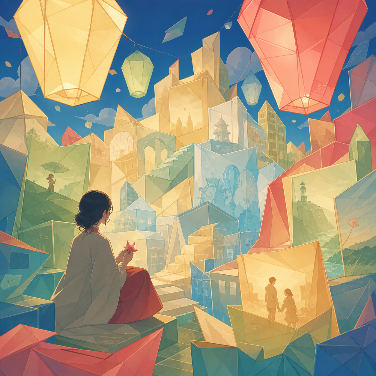 A city assembled entirely from folded memories represented as translucent paper, expressed as a visually coherent editorial artwork with no written explanation. Bold gallery-poster composition with no typography. Soft pi