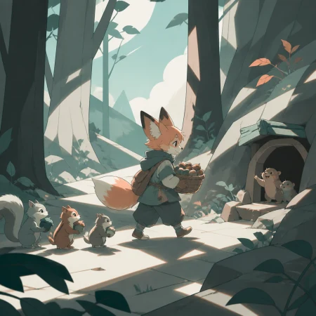 A quiet fox child delivering acorns to underground neighbors, on a gentle journey through large simplified woodland forms. Wide path composition leading the group toward a clear de