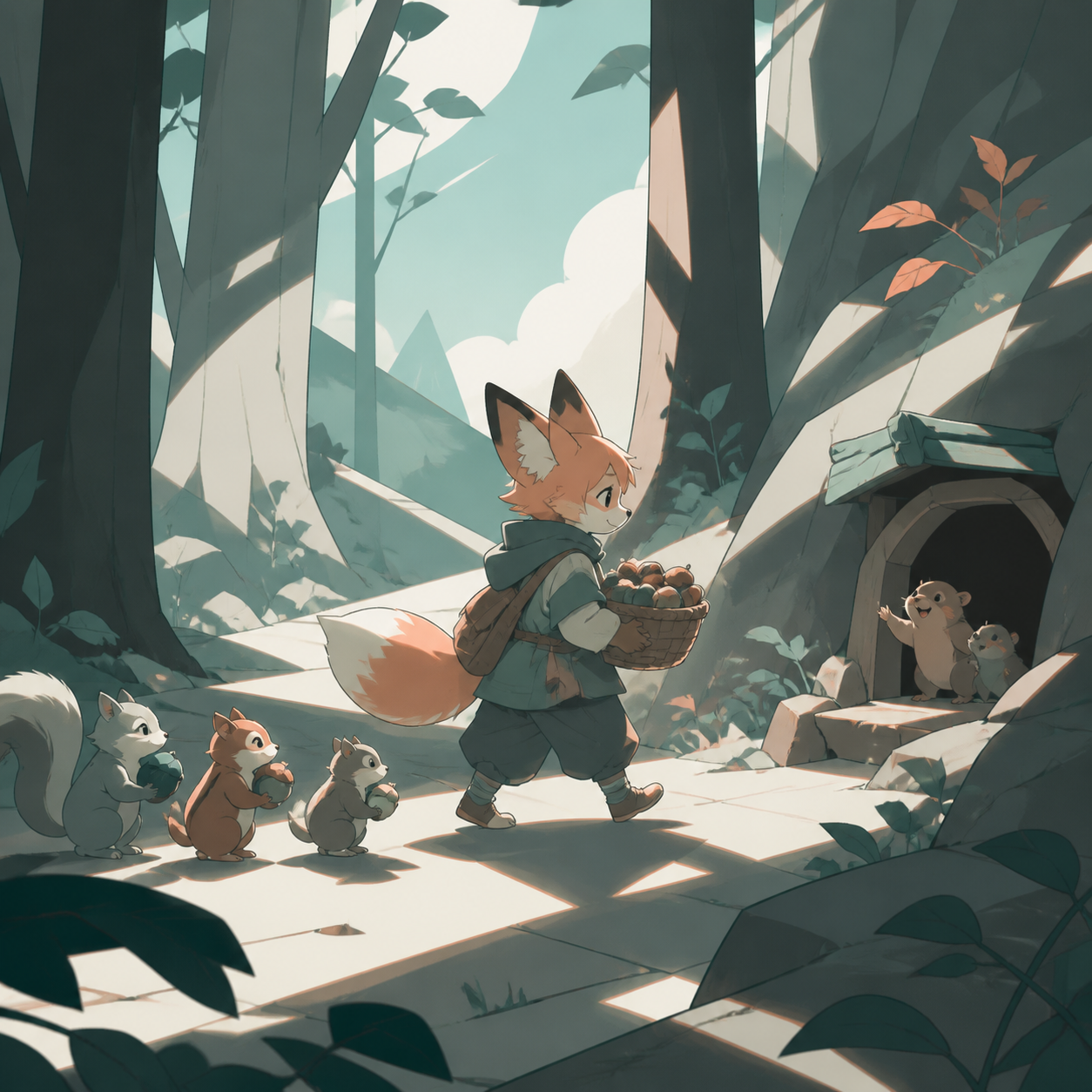 A quiet fox child delivering acorns to underground neighbors, on a gentle journey through large simplified woodland forms. Wide path composition leading the group toward a clear destination. Sea-glass green, faded coral,