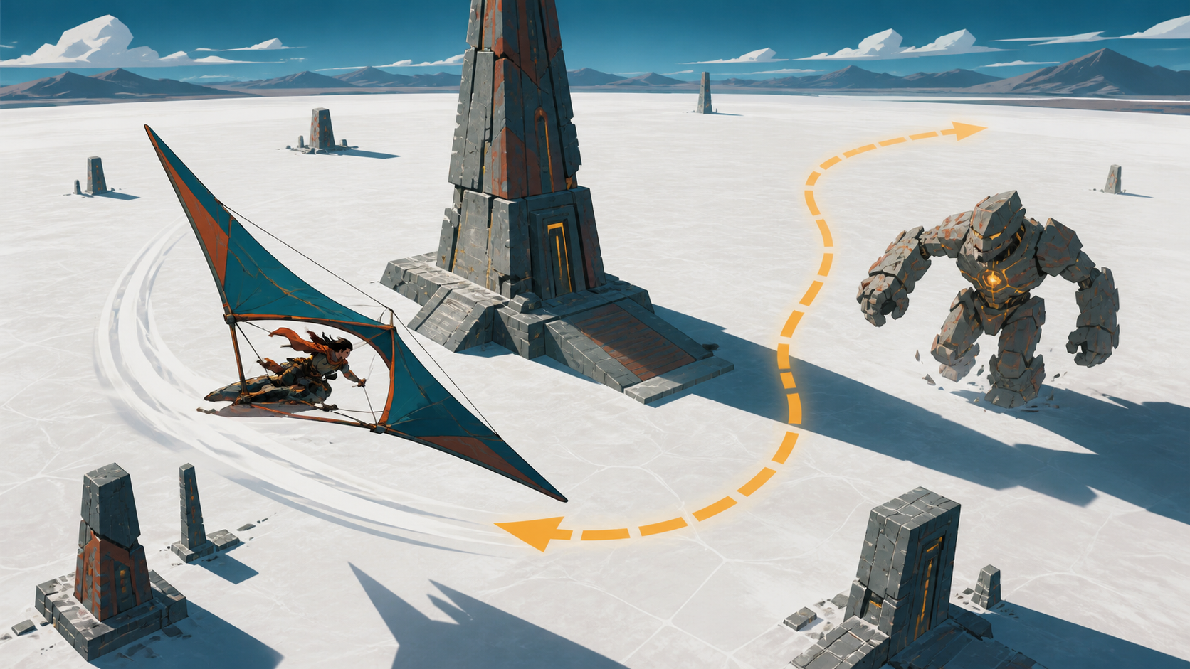 An adult wind rider racing a sand golem across an open salt plain, captured at one clear tactical turning point. Overhead tactical composition showing objective, obstacle, and escape route. Petrol blue, oxide red, indust