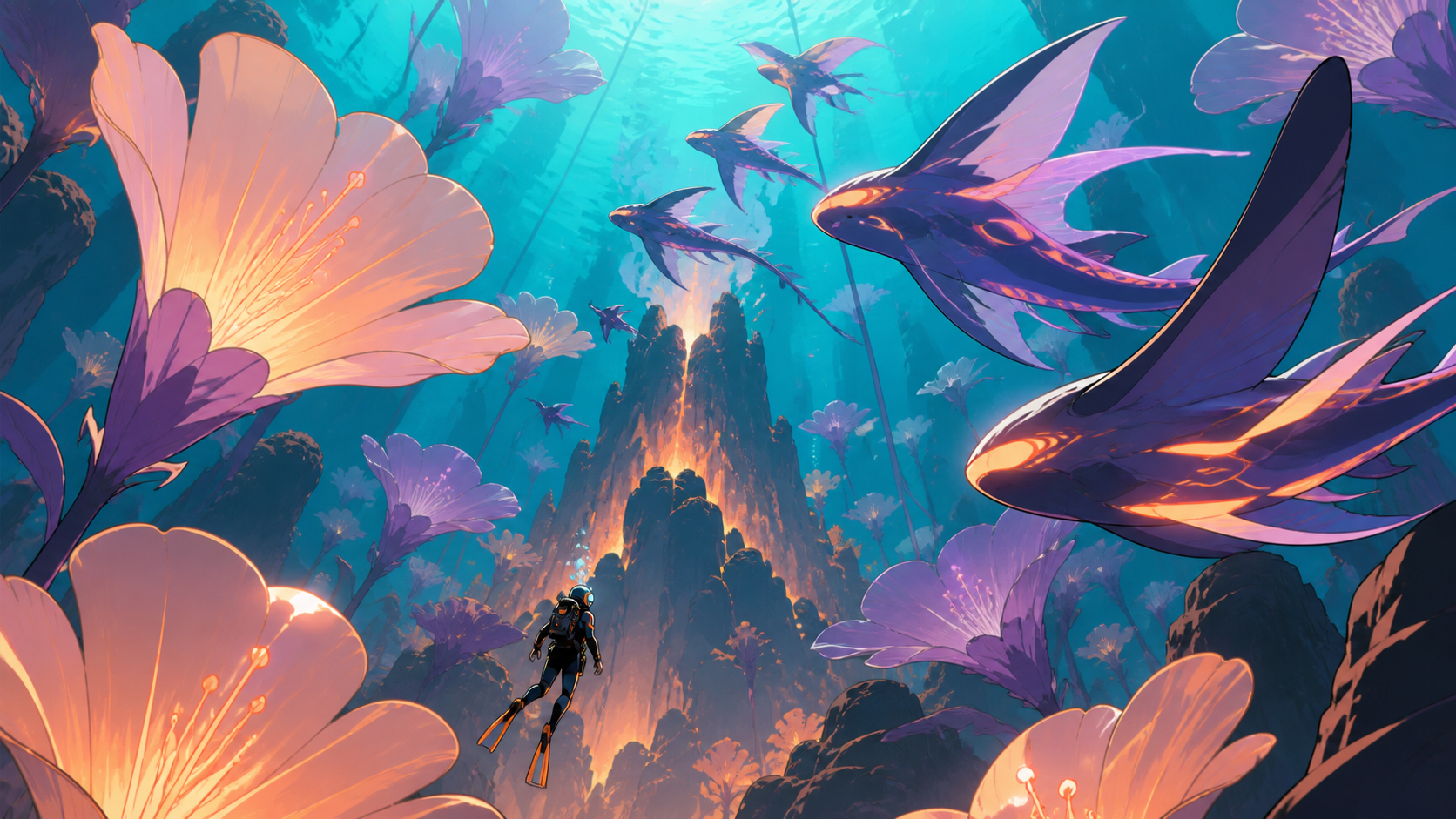 A garden of enormous translucent flowers growing around a warm volcanic vent, as a migration of unfamiliar luminous animals passes through. Vertical descent composition with a tiny explorer providing scale. Apricot, orch