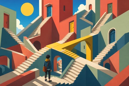 A city intersection where every road leads upward in a different direction, as one character discovers a shortcut between two orientations. Wide axonometric-like scene with multipl