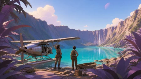 Two survey pilots landing beside a turquoise crater lake, under clear morning light with every route easy to read. River-level view framed by a few large plants. Mulberry, tea brow