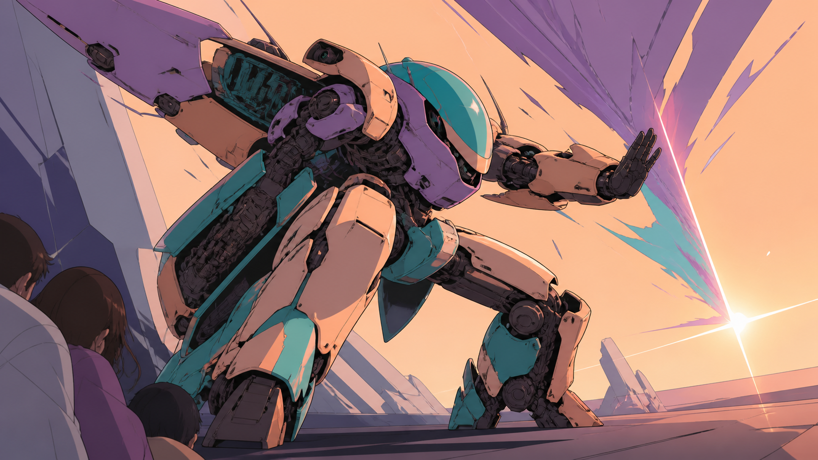 A deep-space maintenance suit unfolding into an asymmetrical combat machine, bracing against a shockwave while protecting civilians just outside frame. Dynamic low-angle action frame with a strong diagonal movement line.