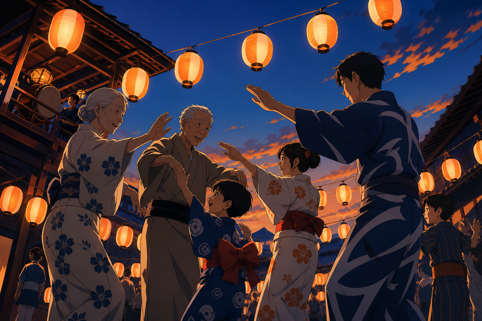 Grandparents teaching their family a traditional circle dance, during late afternoon as lanterns begin to glow. Low-angle parade view framed by lantern lines and rooftops. Cobalt, persimmon orange, warm concrete, and cre