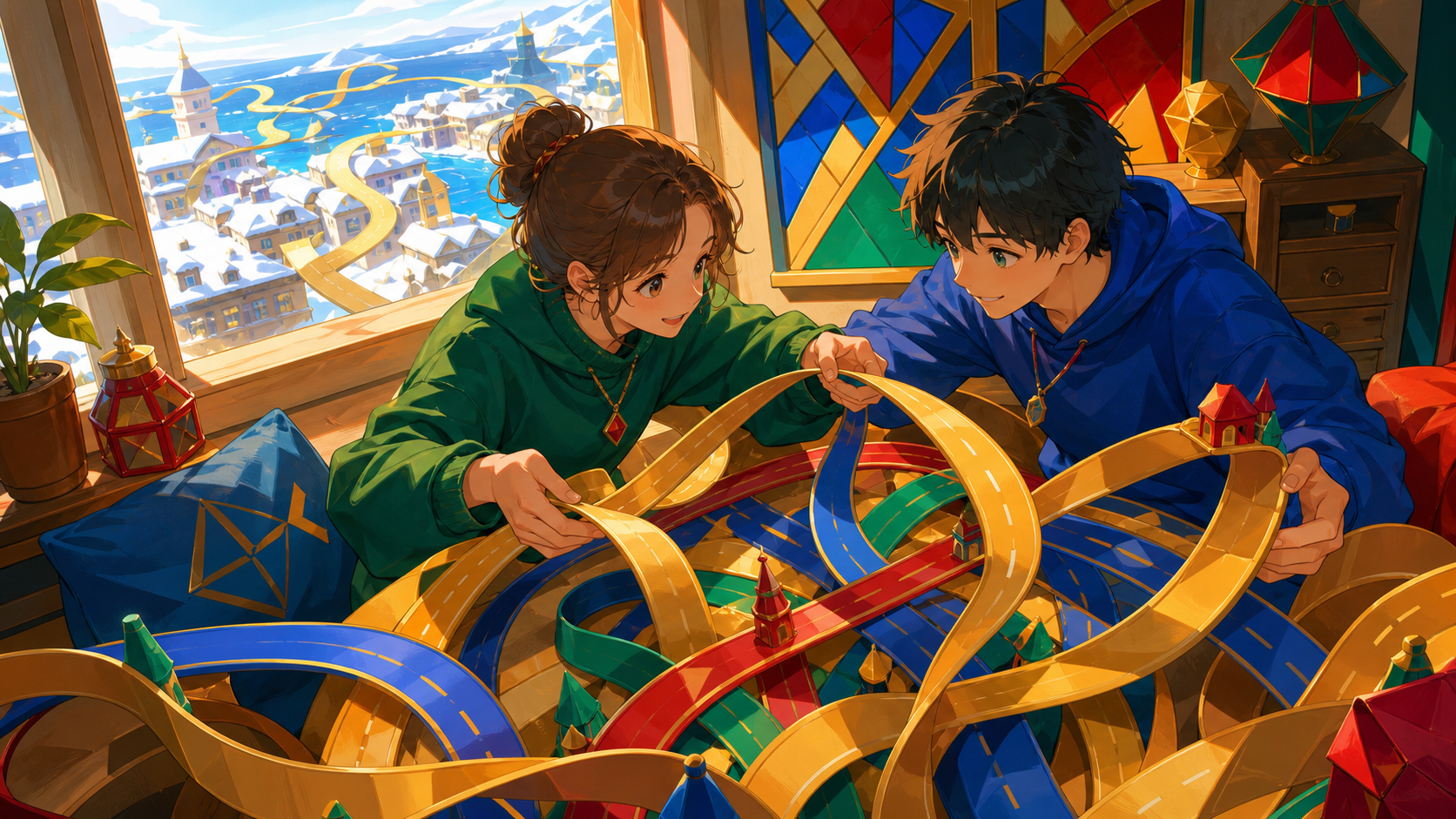 Two friends untangling a shared maze made from ribbon-like roads, during an ordinary action whose symbolic meaning is immediately legible. Intimate character view connected to a larger surreal environment. Emerald, stain